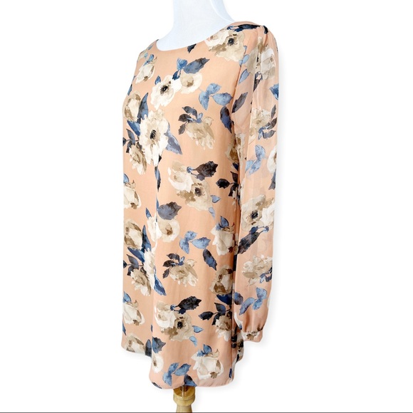 Lulus Blush Chiffon Floral Long Sleeve Shift Mini Dress Medium - Picture 4 of 12